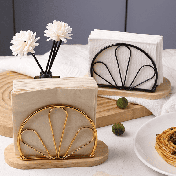 Freestanding Napkin Holder for Restaurants and Home Creative Iron and Wood Napkin Dispenser with Petal Design for Dining Table and Coffee Bar（Black and Gold）