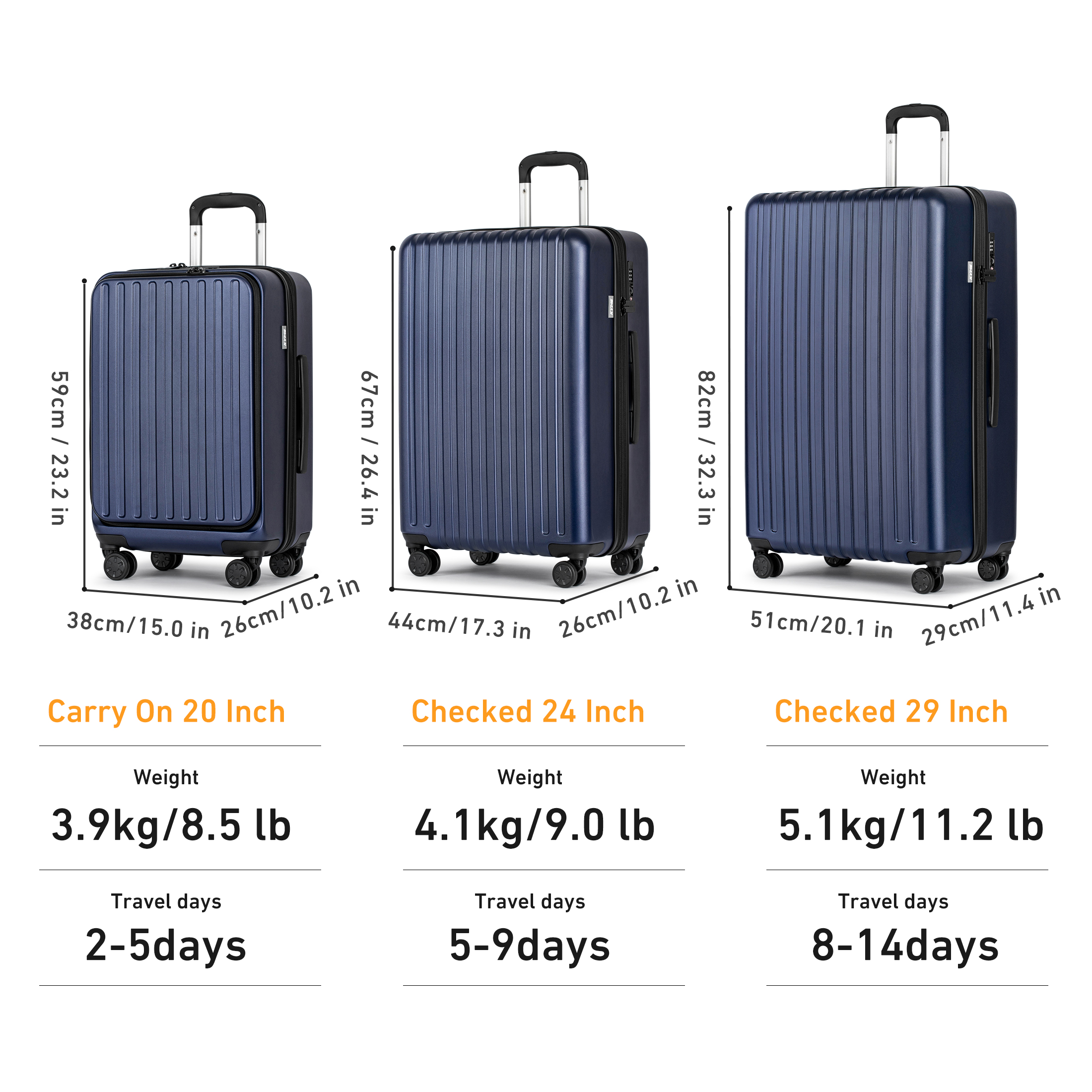 3 Piece Luggage Sets,Front Open Hard Shell 100% PC Suitcase With Double Spinner Wheels & TSA Lock
