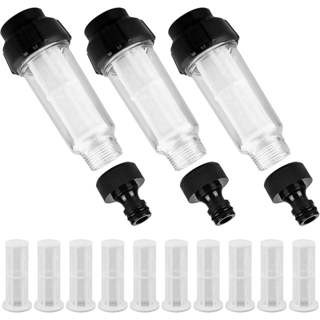 Paquete de 3 filtros de agua - Manguera de jardín - Prefiltro de agua de 3/4" con 10 insertos de filtro y 3 adaptadores rápidos para hidrolavadora - Bomba de jardín - Riego de jardín - Camping