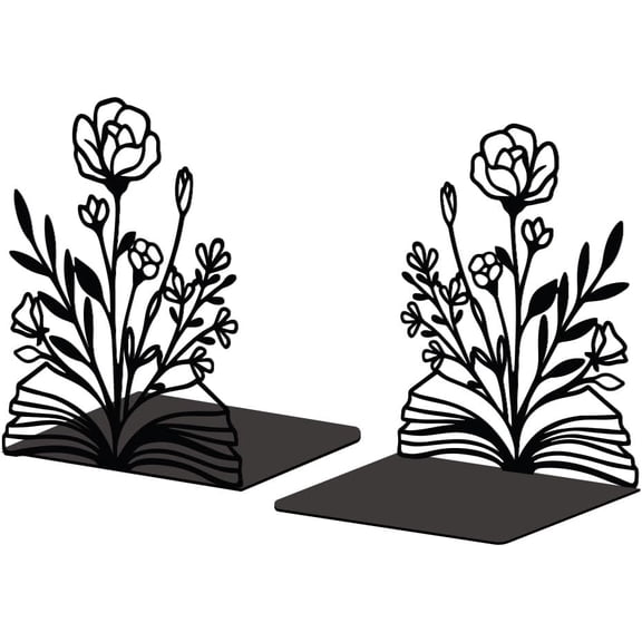 Metal Bookends for Shelves Modern Decorative Heavy Duty Study Book Support Stoppers for Office Desk Shelf Room 5.3"x4.3"x7.9" Cast Iron Simple Tall Bookends 1 Pair (Books and Flowers)