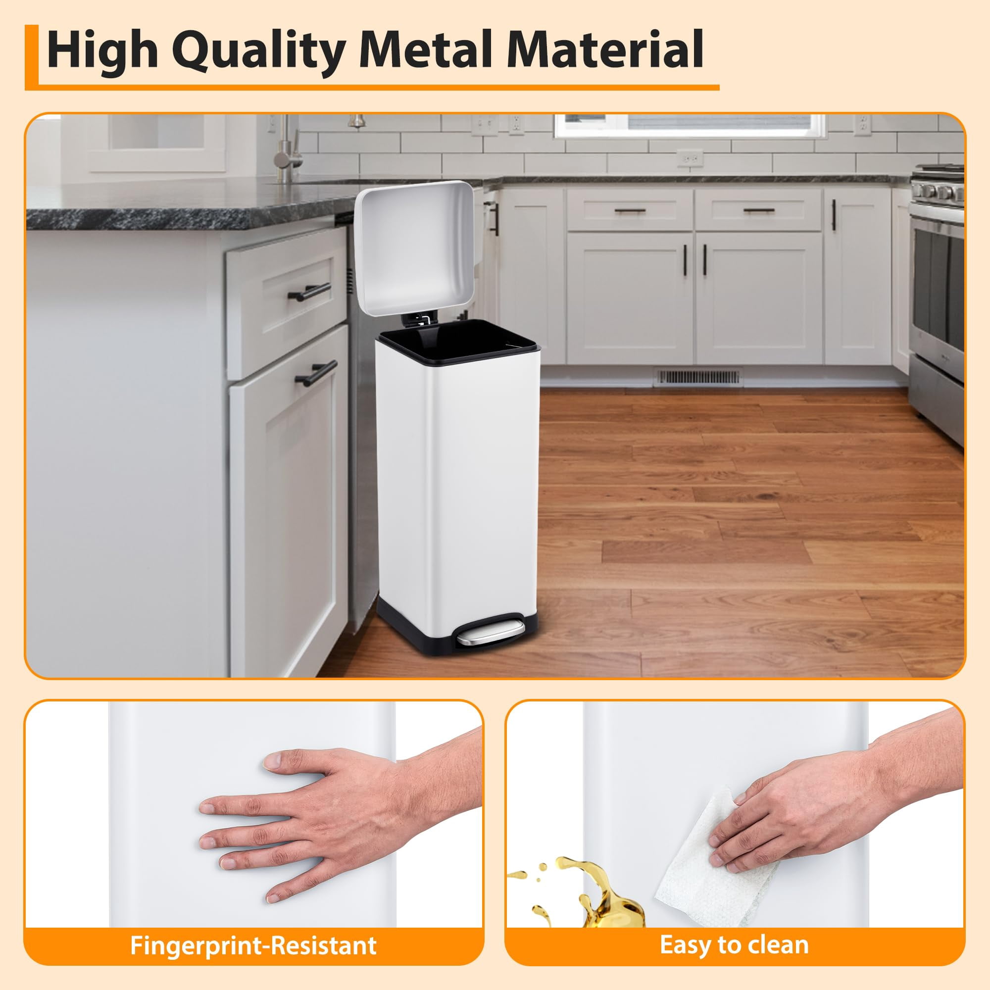 TROPOW 8 Gallon Bathroom Step Trash Can, 30-Liter Square Stainless Steel Foot Pedal Garbage Can with Soft-Close Lid for Kitchen, with Removable Inner Bucket,White