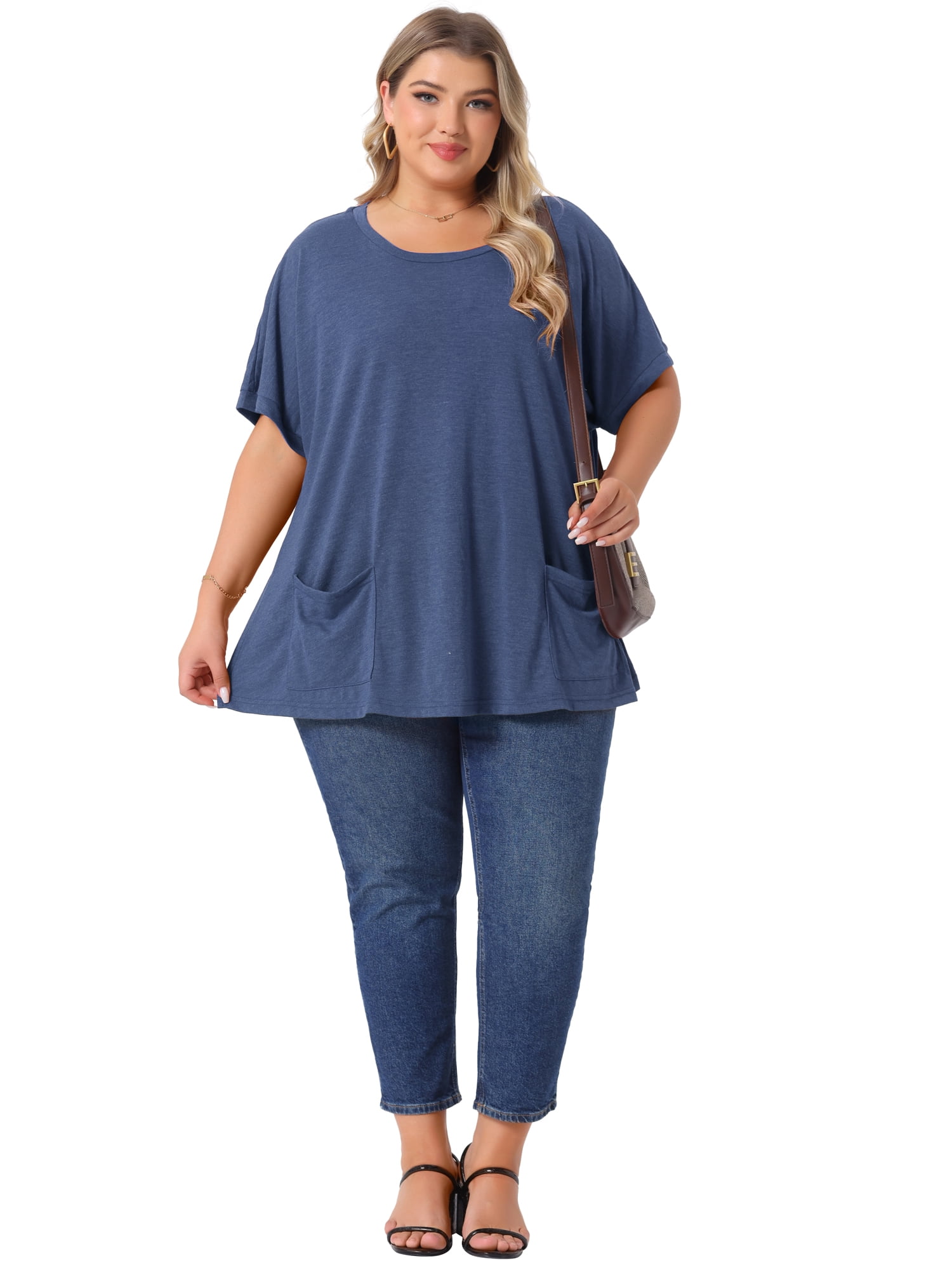 DARING DIVA Women's Plus Crew Neck Loose Fit T Shirt with Pocket Casual 3X Navy Blue