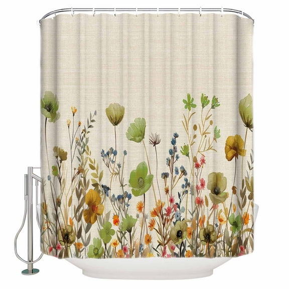Fabric Shower Curtain, Green Flowers Plants Watercolor Floral Retro Linen Shower Curtains with 12 Hooks Waterproof Machine Washable Bath Curtains for Bathroom,48x 72in