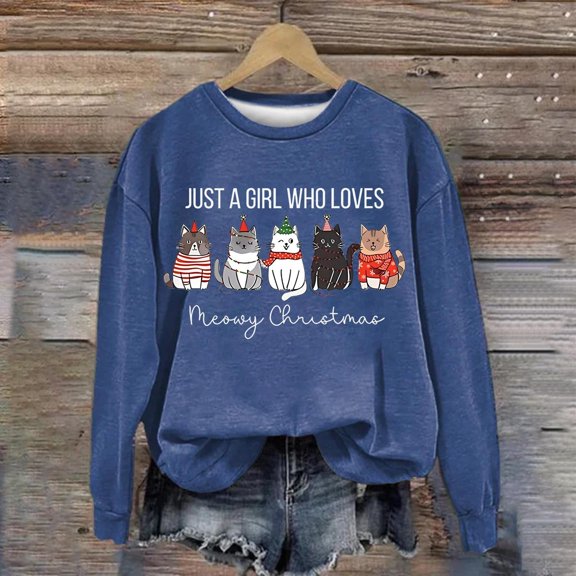 Harpily Christmas Long Sleeve Shirts for Women Crew Neck Cute Cat Graphic Blouse Casual Loose Fit Fall Outfits
