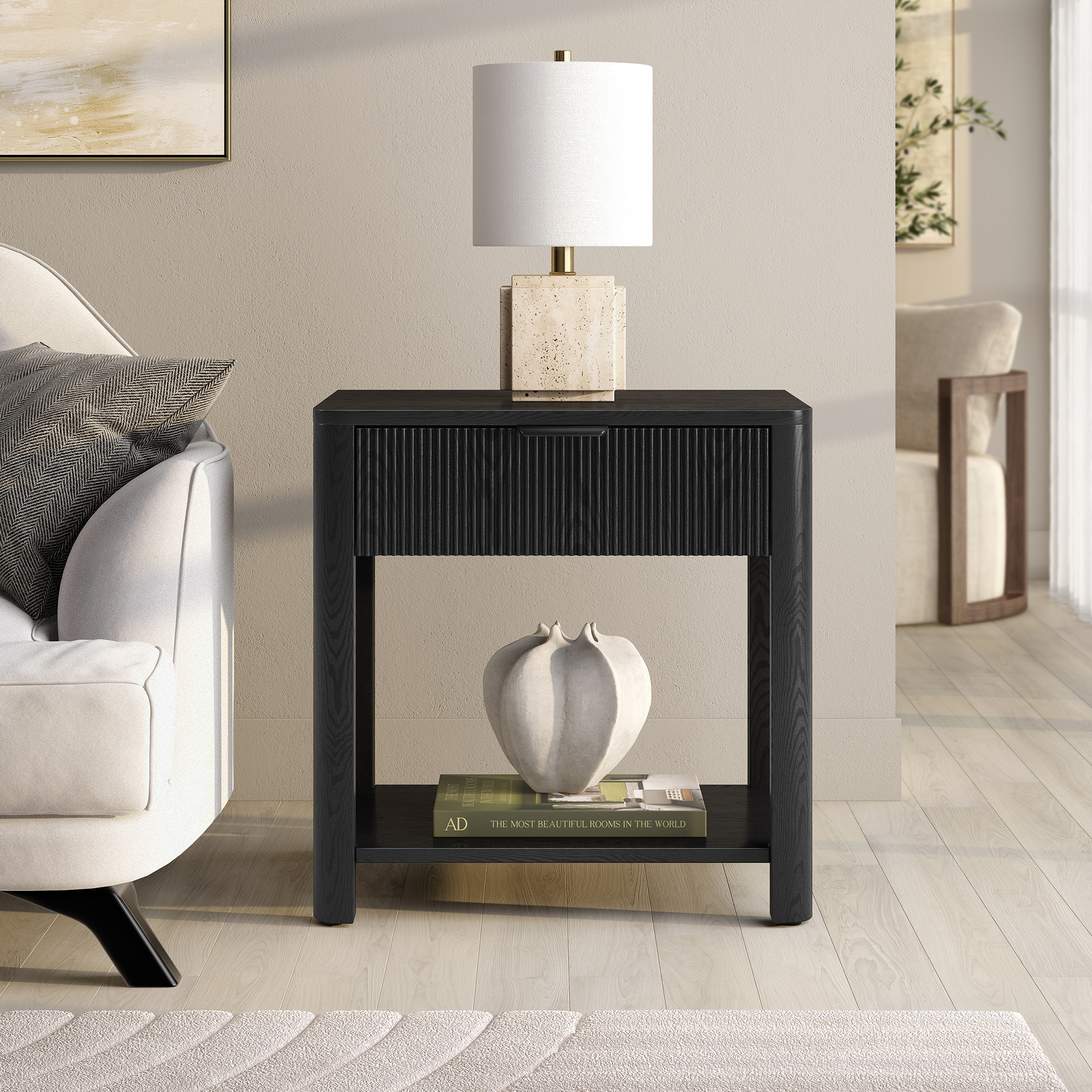 Pomona 24" Wide Rectangular Fluted Nightstand in Black Grain