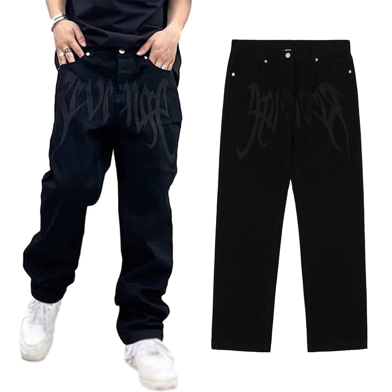chengsi Men Black Baggy Printed Jeans Hip Hop Teenager Boy