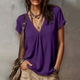 thumbnail image 5 of QUNYINEY Cotton Linen T Shirts for Women Trendy Purple Short Sleeve Casual Tops Loose Fit Summer Pleated V Neck Pullover Shirts, 5 of 8