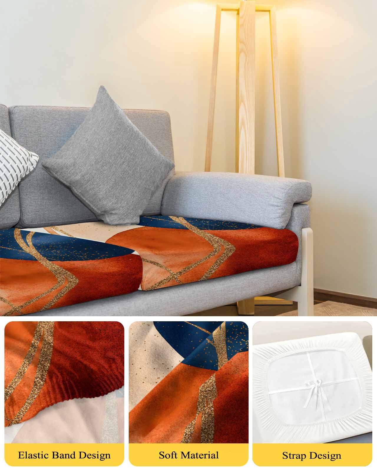 Navy Blue Burnt Orange Couch Cushion Covers Stretch, Washable Sofa Seat Covers Individual Seat Cushion Sofa Slipcovers Geometric Modern Boho Art Couch Cover Furniture Protector S-1PCS
