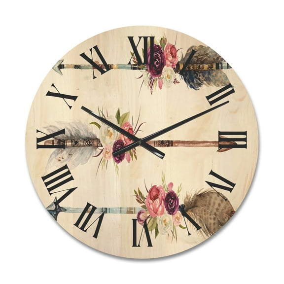 Designart 'Flowers and Ethnic Feathers On Native Arrows III' Bohemian & Eclectic Wood Wall Clock