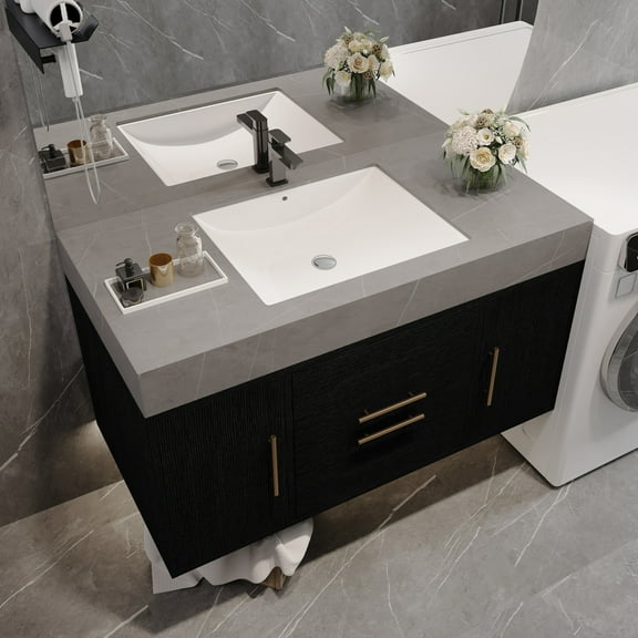 39.4 Inch Wall Mounted Bathroom Vanity with Faux Marble Top and Ceramic Sink, 2 Drawers 2 Cabinets in Black Finish for Modern Bathrooms