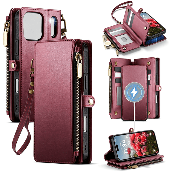 SUBAI for Iphone 17 Pro Case Wallet Compatible with Wine Red|Drop-Proof Magnetic Detachable Phone Cases Cover,With Rfid Bolcking Card Holder,Zipper Strap,Pu Leather,Removable Wallet