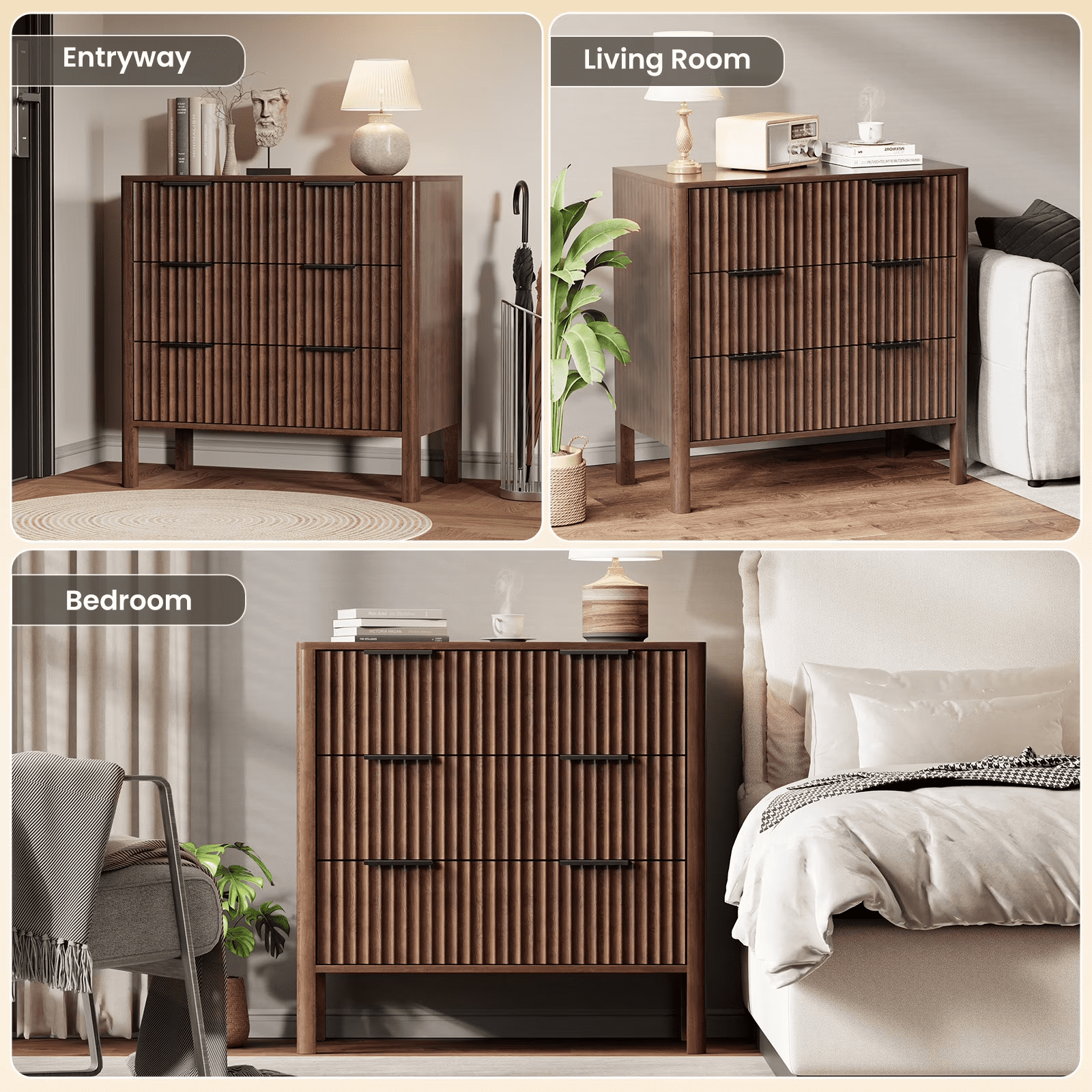 Fluted 3 Drawer Dresser for Bedroom 31.5" Wide Wooden Dresser TV Stand Modern Storage Organizer for Living Room, Hallway, Walnut