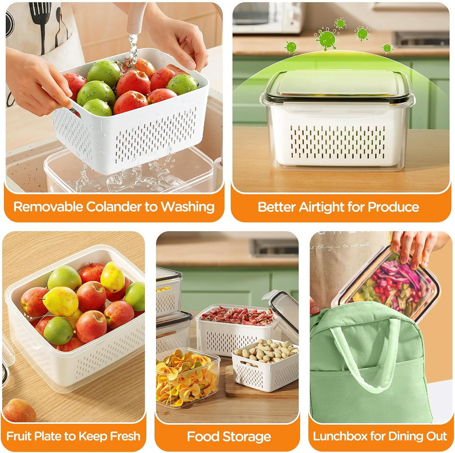 4/8 PCSFood Storage Containers For Fridge With Removable Colander, Leak Proof Refrigerator Organizers for Vegetable Produce, Keep Berry Fruits Food Fresh Longer