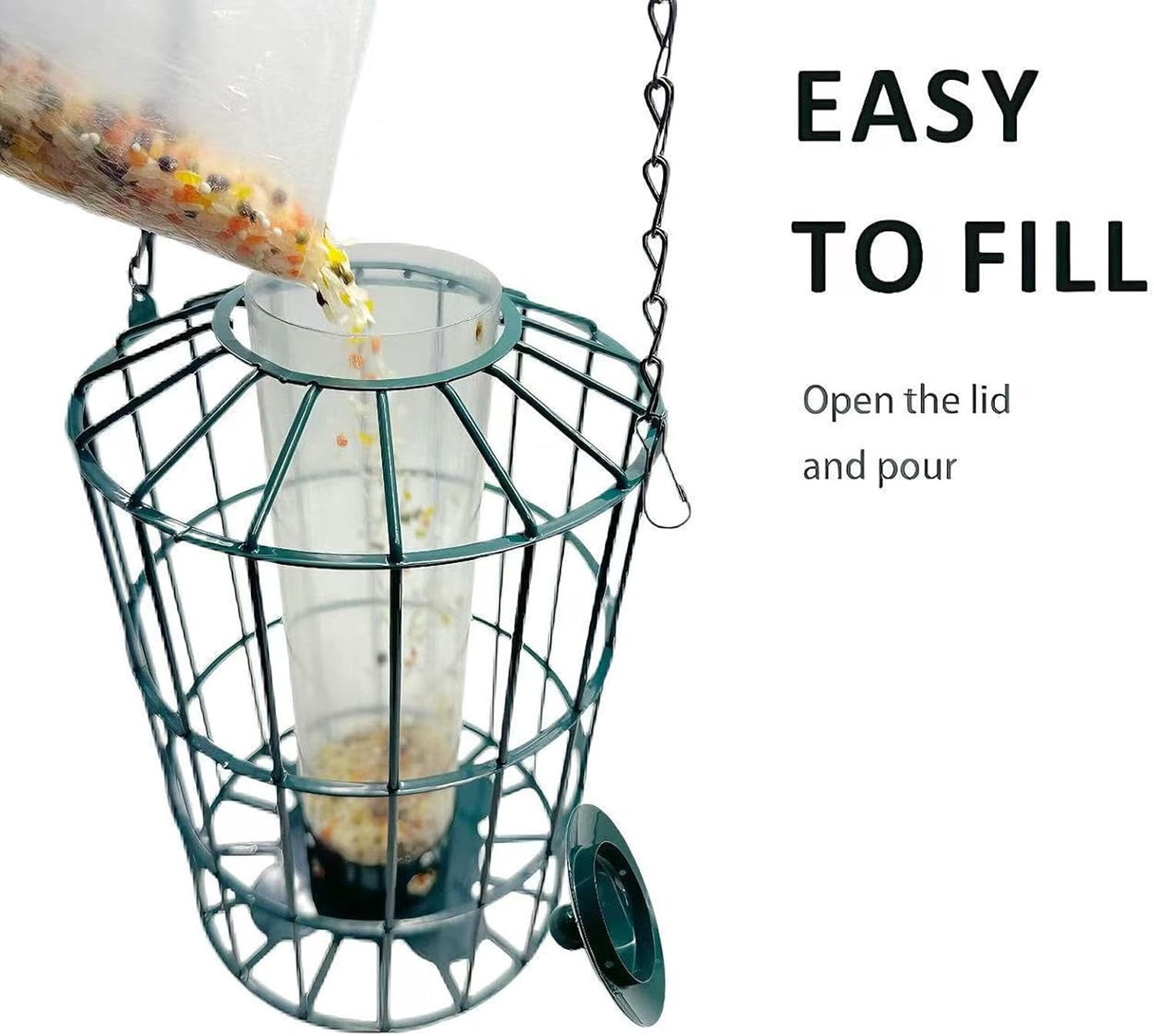 Diceymbol Squirrel Proof Cage Hanging Bird Feeder Outdoor Wild Bird Feeder With Clear Acrylic Reservoir Rustproof Metal Chain Feeder For Garden Patio Yard And Backyard Bird Watching