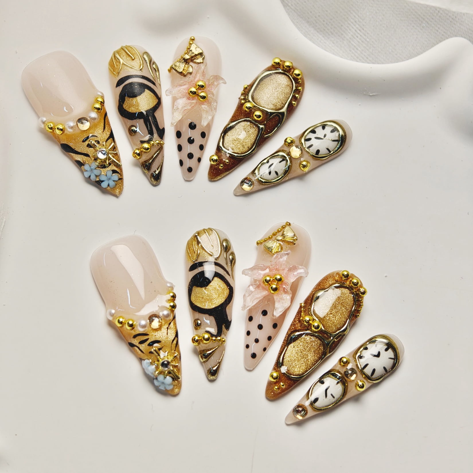 Handmade Press-on Nails with Gold Accents and 3D Artistic Design