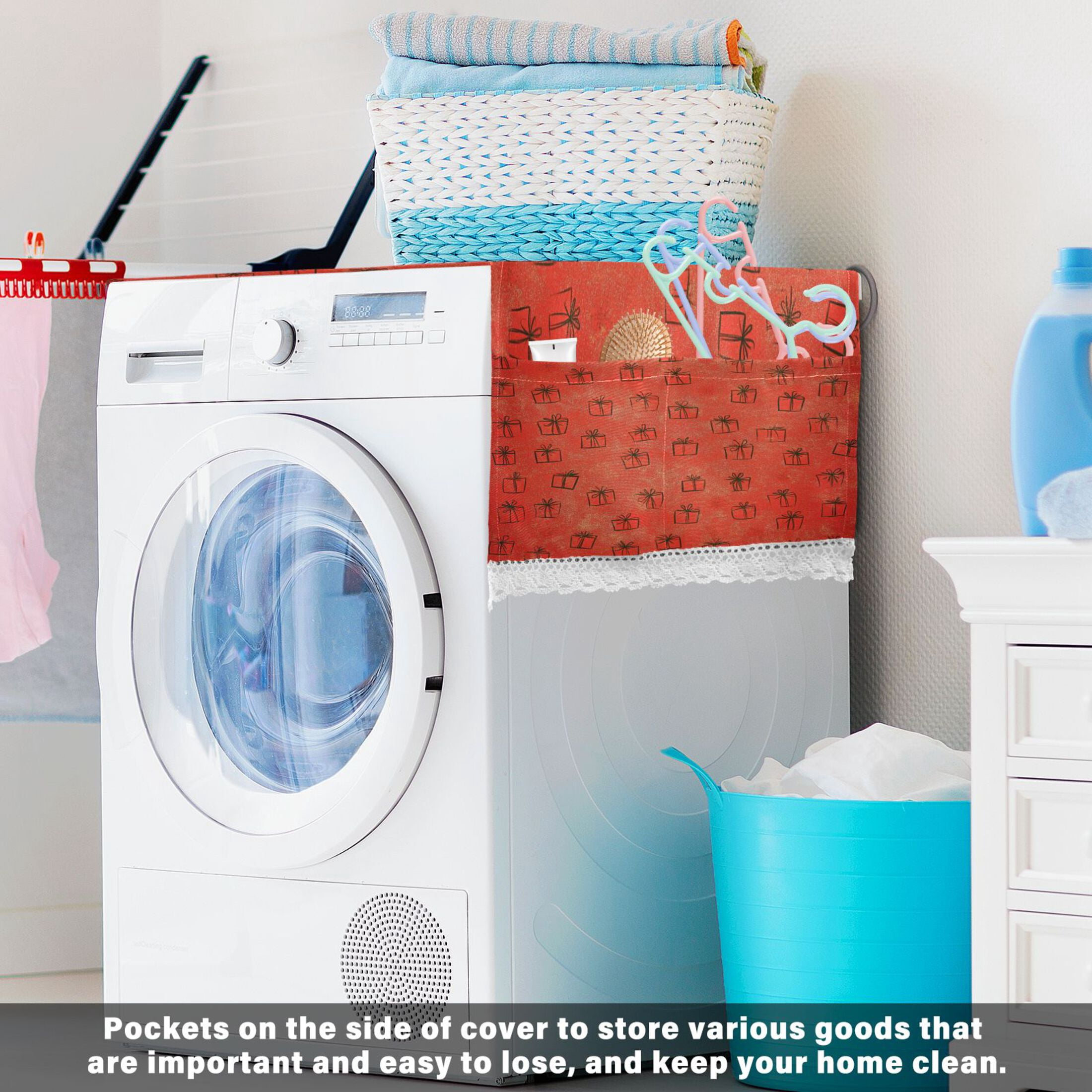 Christmas PresentsWasher and Dryer Covers Dust-Proof and Oil Resistant Fridge Cover with 4 Storage Pockets Washing Machine Top Cover for Laundry Kitchen Home 51.2 x 22 In