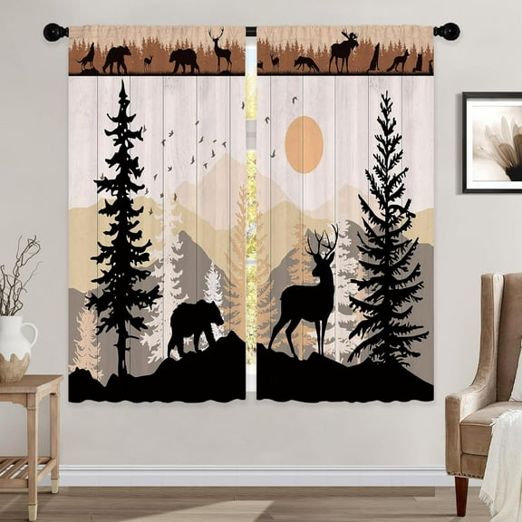 Farmhouse Forest Cabin Curtains, Curtains Rustic Wooden Window Curtains 42x63 Inch for Bedroom Living Room Decor, Tree Country Deer Bear Window Drapes Treatment Draperies Fabric (2 Panels