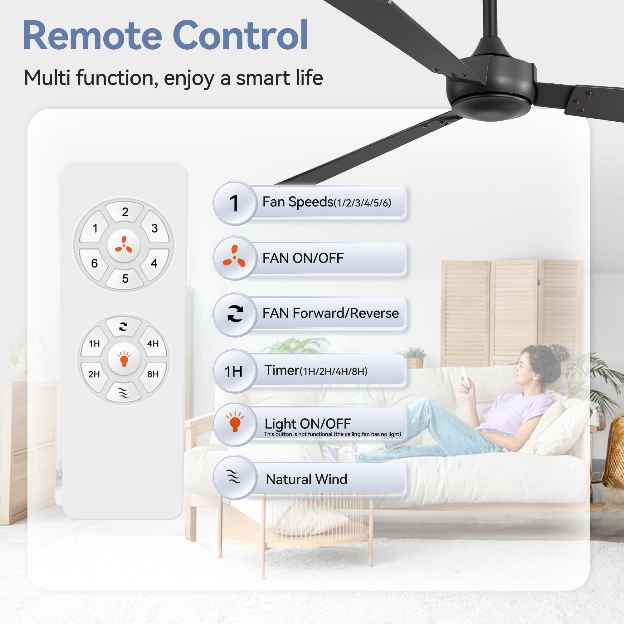 ALKAFY 52 inch 2-Pack Black Modern Ceiling Fan - No Light, 6-Speed, 3 Blades, Remote, for Bedroom, Living Room & Dining Room