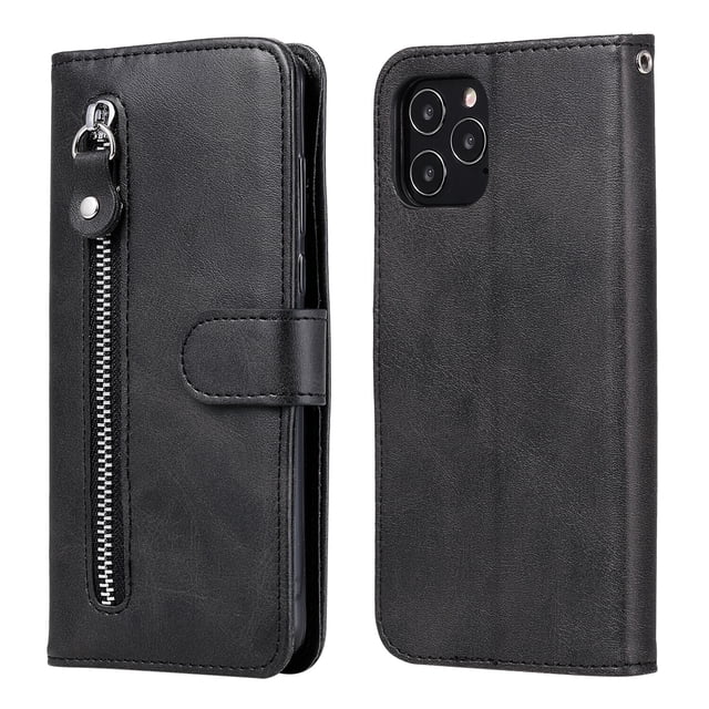 Case for iPhone 12 Pro Max Zipper Pocket Wallet Leather Case Magnetic Closure Flip Cover - Black