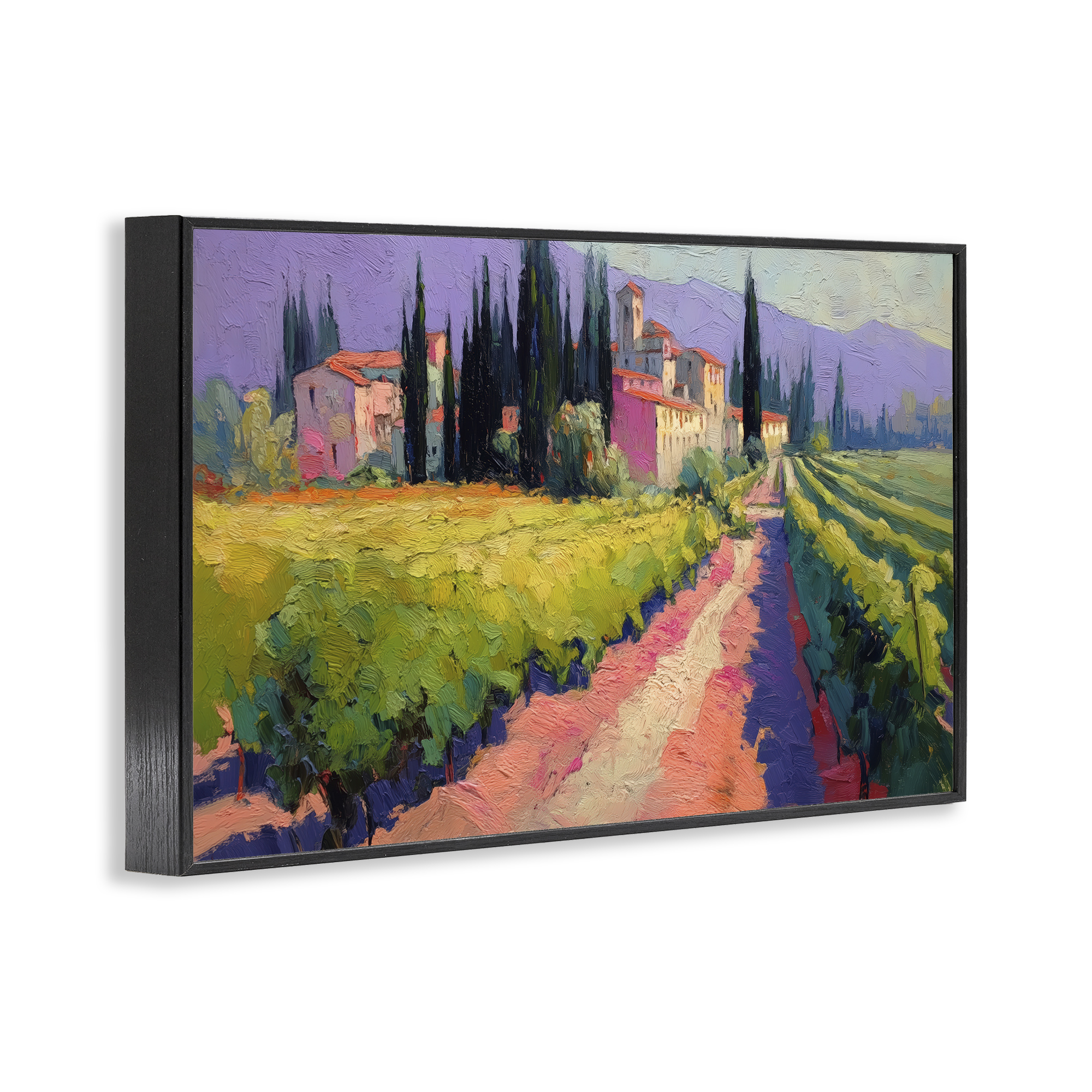 Purple Mountains Village Black Framed Giclee Art, design by Annabelle Hall