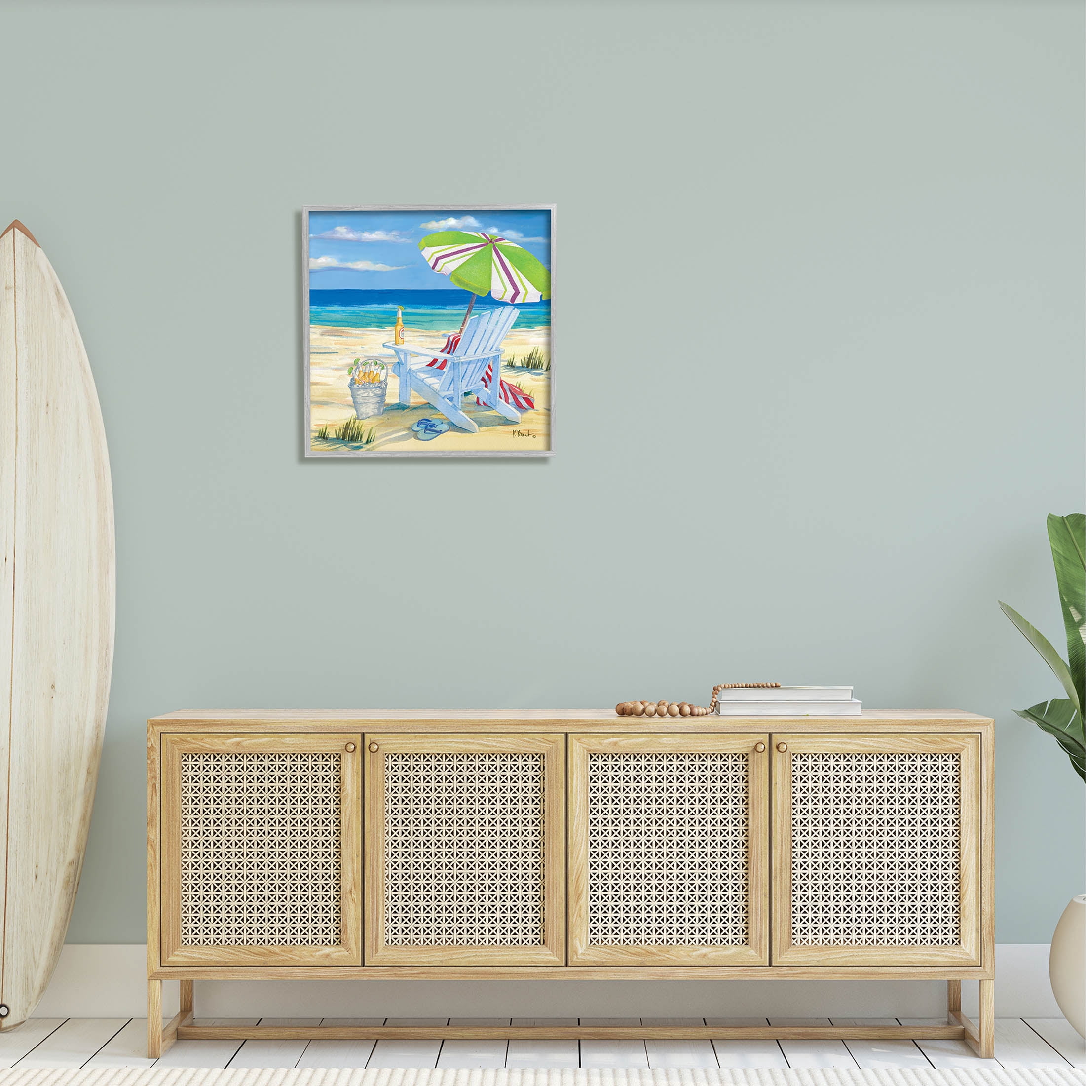Stupell Industries 5pm Summer Beer Beach Chair Painting Gray Framed Art Print Wall Art, Design by Paul Brent