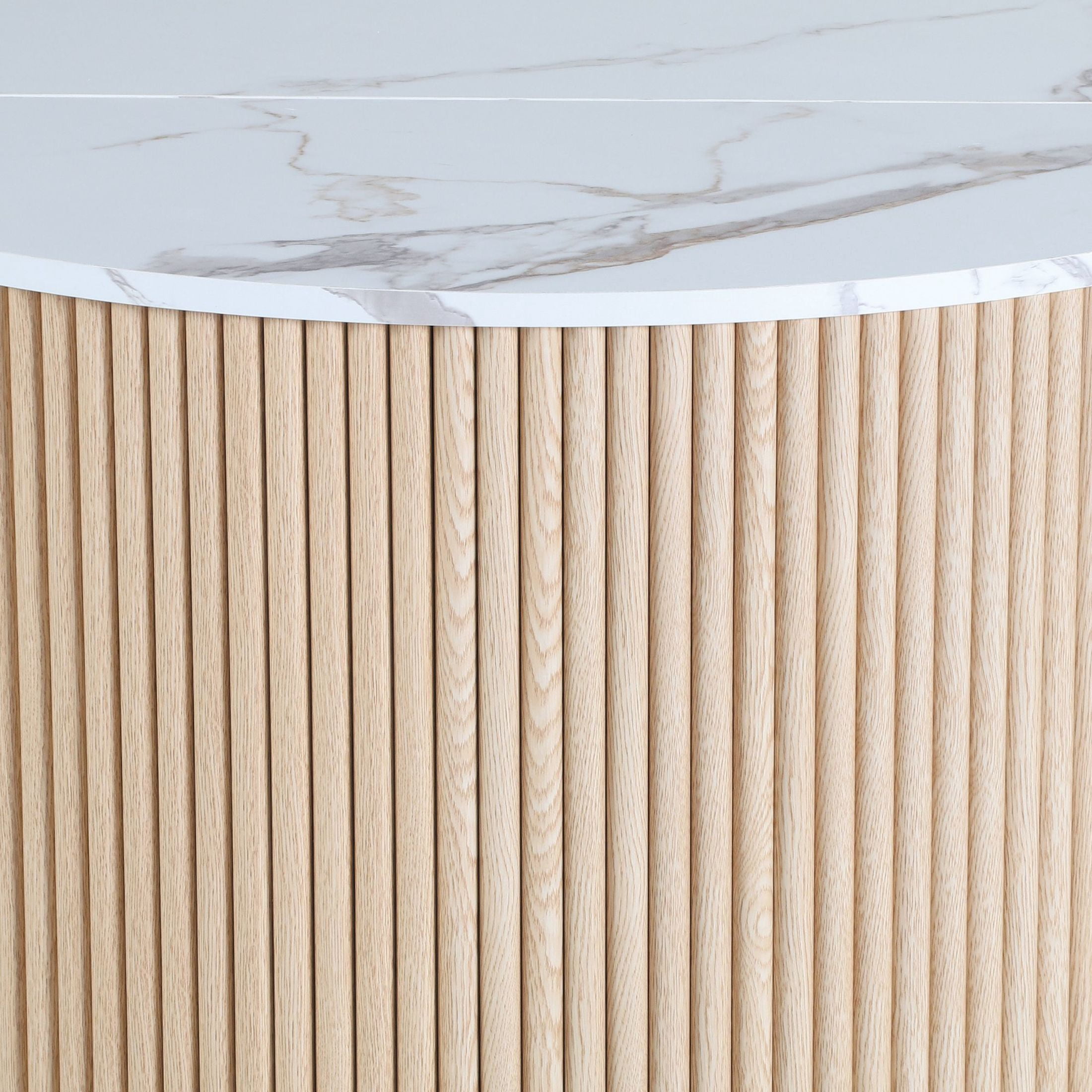 GDF Studio 31.5" Modern Round Fluted Coffee Table with Hidden Storage, White Marble+Light Oak