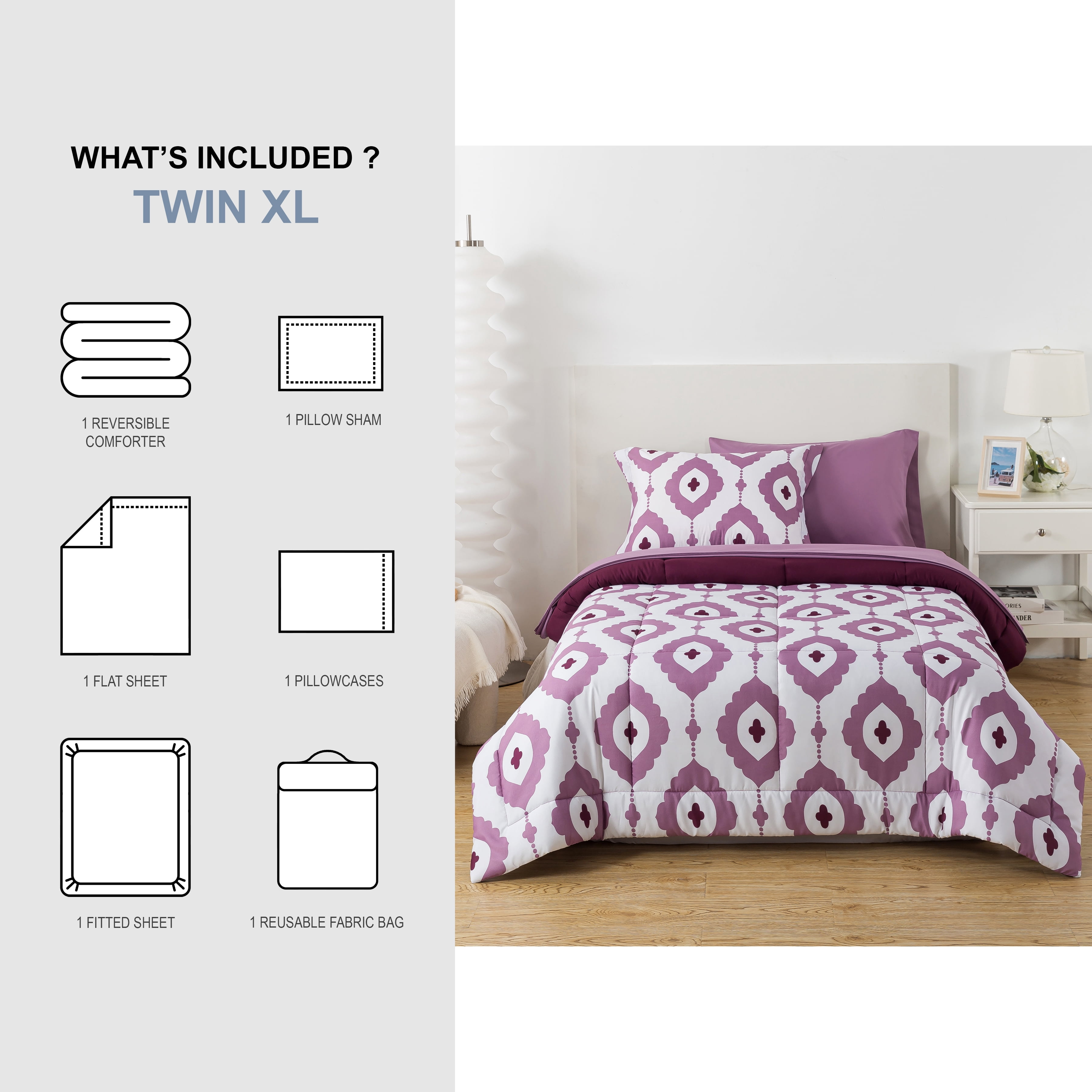 Mainstays All in One Reversible Comforter and Sheet set- 5 Piece, Twin, Purple Geo