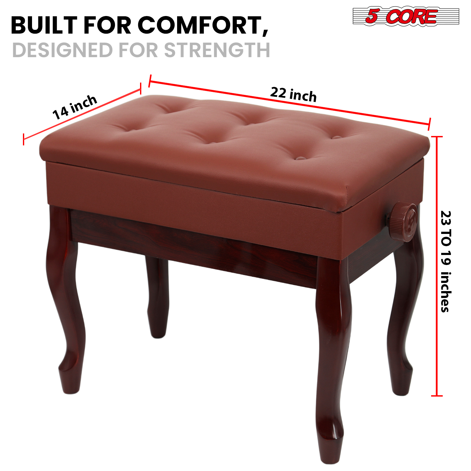 5 Core Adjustable Piano Bench Thick 3.25" Solid Wood Keyboard Stool Heavy Duty Musician Chair