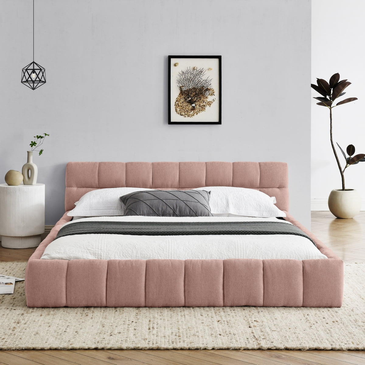 Queen Size Upholstered Bed Frame with Thick Fabric, Chenille Fabric Grounded Queen Size Platform Bed with Headboard and Solid Frame. No Box Spring Needed, PINK