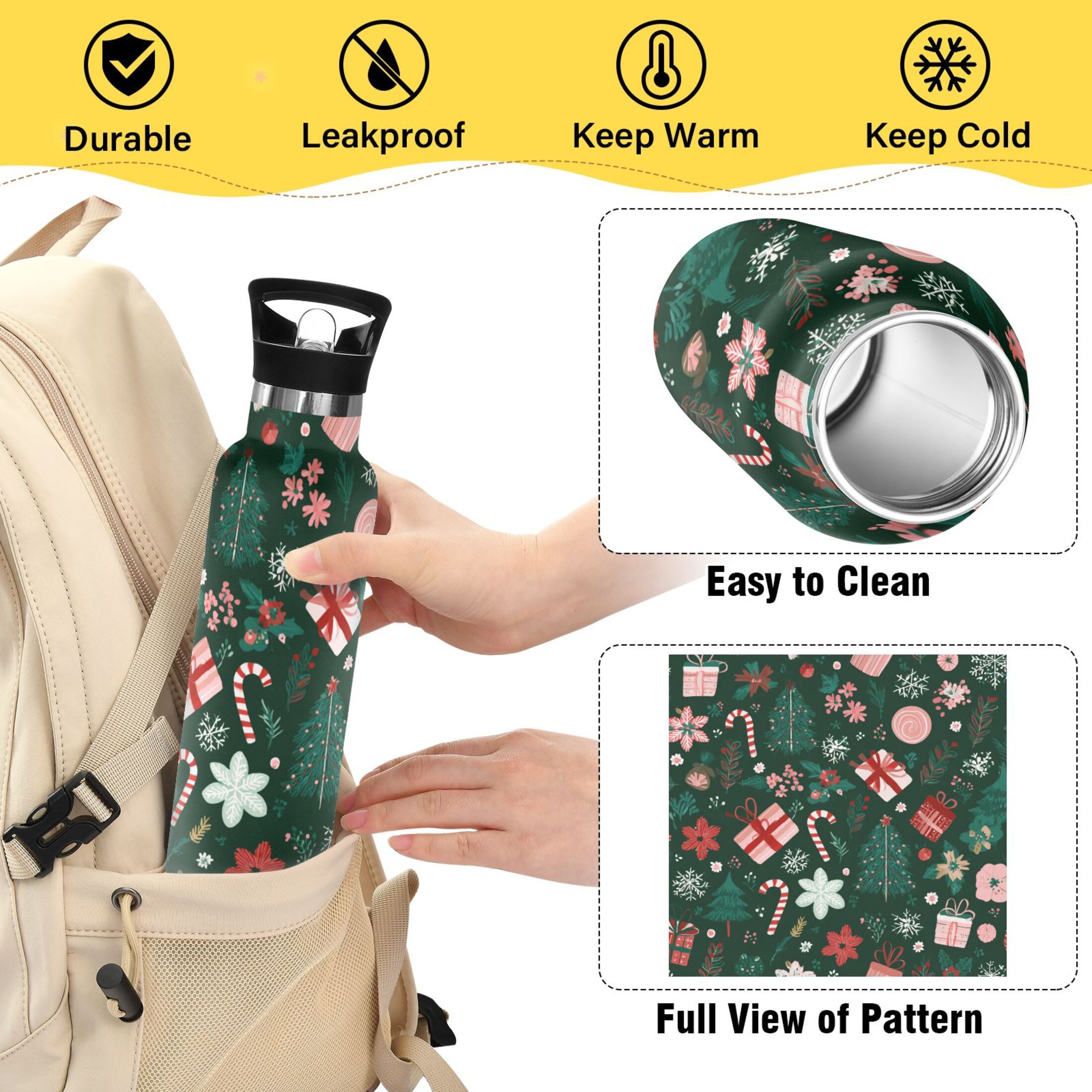 600ML Stainless Steel Insulated Cup Sports Water Bottle Portable Thermos Cup Water Glasses Insulated Tumblers Convenient and Durable Christmas Elements