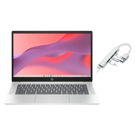 HP Chromebook 14 inch HD Anti-Glare Laptop | Intel Processor N200 | Intel UHD Graphics | Bluetooth |Silver| 4GB RAM | 128GB SSD | Chrome OS | Bundle with USB 3.0 Hub