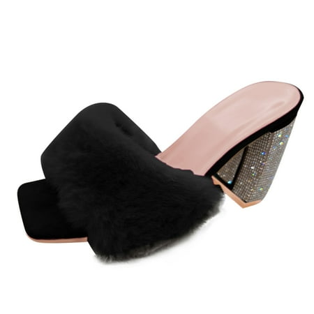 

Shpwfbe Slippers For Women Fashion Rhinestone Square Toe Hairy High Heel Sandals Slippers For Women Indoor And Outdoor Womens Slippers