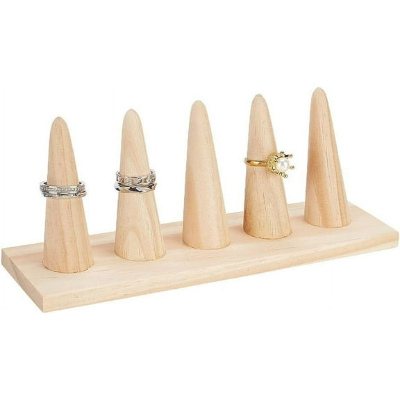 Wood Ring Display Stands Finger Ring Organizer Holder with 5Pcs Pointed Cone Ring Holder Wheat 20x6x8.4cm