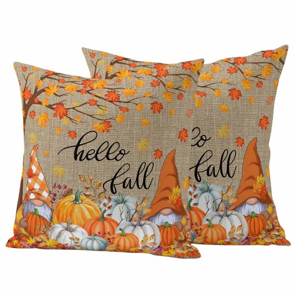 Outdoor Pillow Covers 16 x 16 Inches, Orange Pumpkin Gnomes Fall Waterproof Throw Pillow Cover Set of 2, Branches Thanksgiving Leaves Rustic Decorative Square Cushion Covers for Patio/Tent/Couch