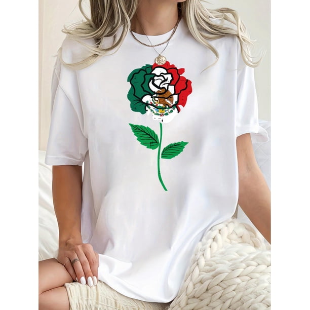 1pc Women'S Floral Print T-Shirt, Casual Crew Neck Short Sleeve Top, Polyester Knit Fabric with Medium Stretch, All-Season Fashion Tee, Abstract National Flag Design, Comfortable Summer Wear