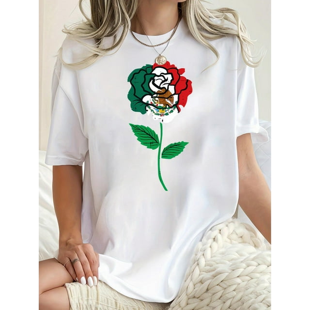 Camiseta De Mujer De Verano Ligera Básica Para Mochilero, Camping, Caminar1pc Women'S Floral Print T-Shirt, Casual Crew Neck Short Sleeve Top, Polyester Knit Fabric with Medium Stretch, All-Season F