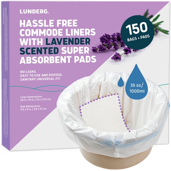 Lunderg Commode Liners with Lavender Scented Absorbent Pads - Value Pack Medical Grade 150 Count Universal Fit - Disposable Bedside Commode Liners and Pads for Adult Commode Chairs & Portable Toilets