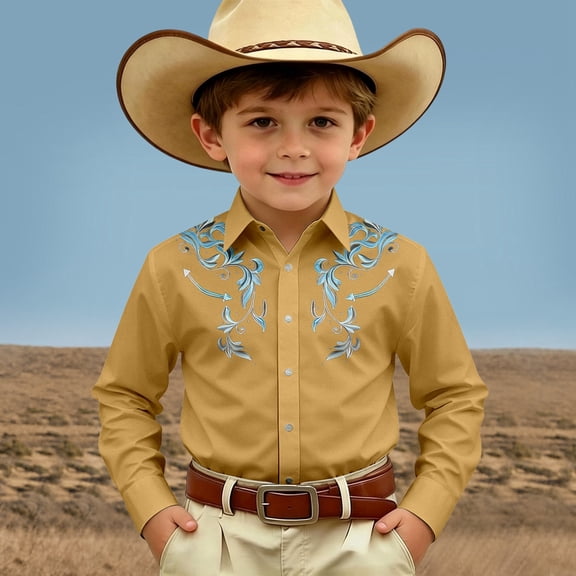 SOFTCCLO Boys Shirts Long Sleeve Lapel Collar Button Down Tops Western Cowboy Print Stylish Casual Kids Shirts Size 10-11Y