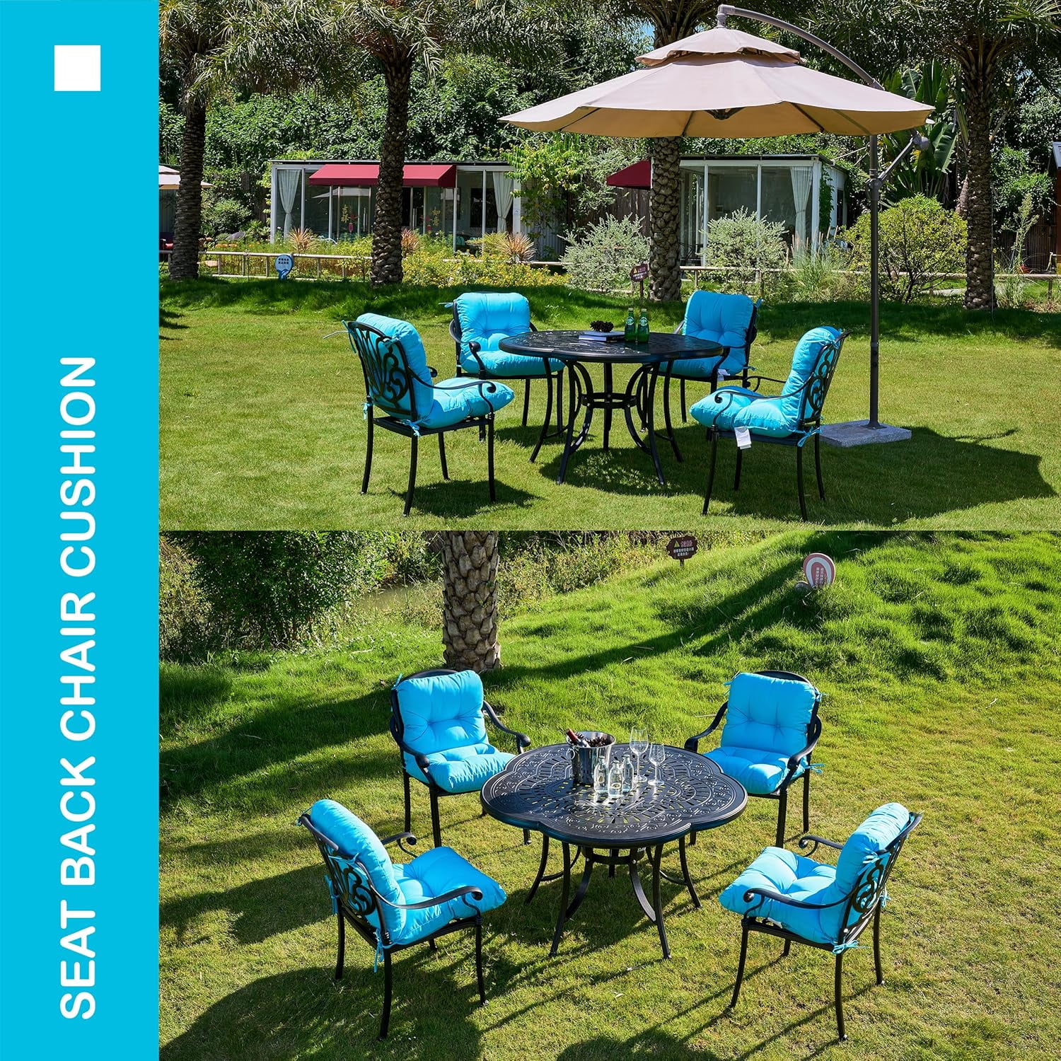 Outdoor Indoor Seat/Back Chair Tufted Cushion,All-Weather Patio Chair Cushion with Ties,for Patio Furniture,Aqua Blue