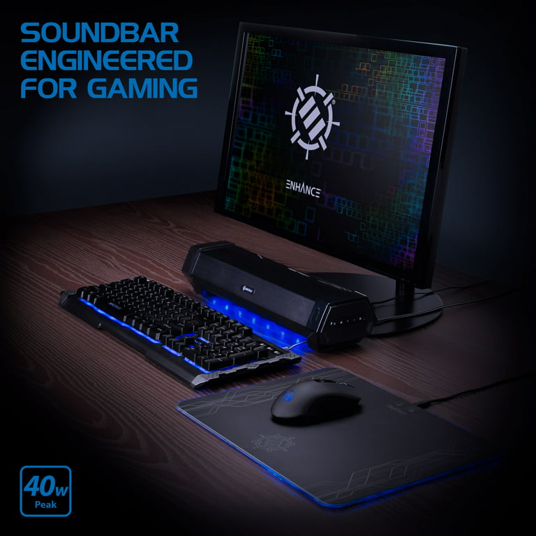 ENHANCE Attack Gaming Speaker Soundbar - Under Monitor PC Sound Bar LED  Speaker with 40W Peak Audio Power, 3 LED Color Modes + 3 RGB Dynamic Light  Effects, Dual Inputs for Gaming