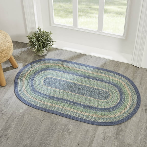 VHC Brands Jolie Farmhouse 27"x48" Accent Rug Blue Textured Jute Striped Pad Oval Floor Decor