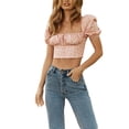 thumbnail image 1 of Top de mujer Puff manga corta estampado floral fruncido corte bajo cuello cuadrado camiseta para verano rosa S, 1 of 8