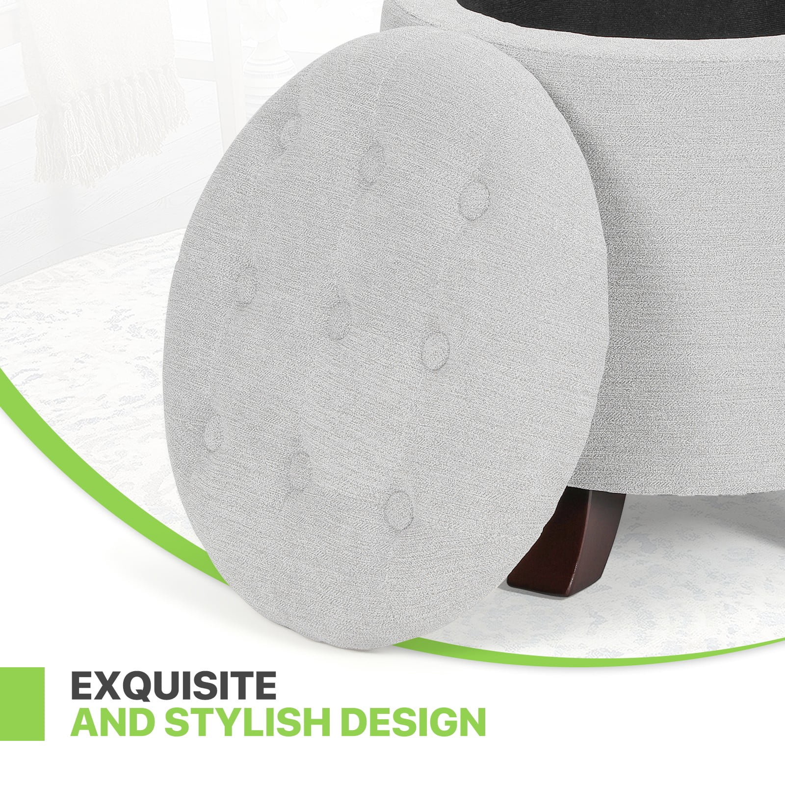 Magshion Storage Ottoman with Padded Seat, Modern Cotton-linen Footrest, Round Seat stool for Living Room Bedroom , Light Gray