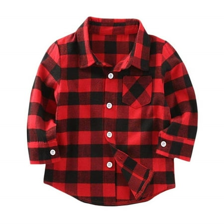 

Tiny Cutey Kid Little Boy Christmas Red Long Sleeve Button Down Plaid Flannel Shirt 4-5T