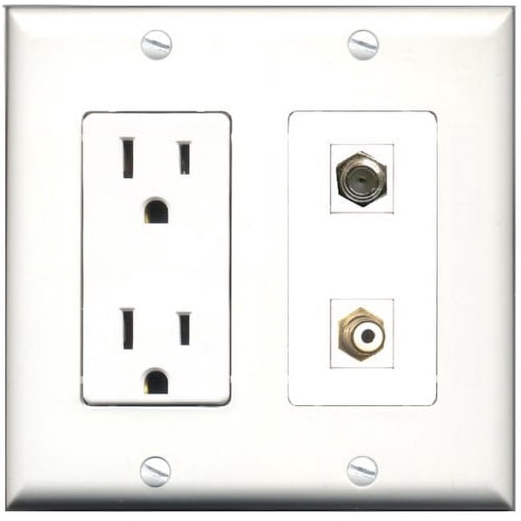 RiteAV - 15 Amp Power Outlet and 1 Port RCA White and 1 Port Coax Cable TV- F-Type Decorative Type Wall Plate White