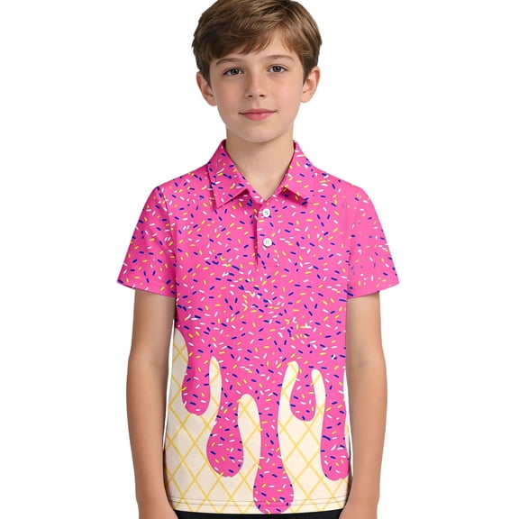 Angala Boys T Shirts Ice Cream Print Lapel Neck Short Sleeve Shirts Summer Stylish Breathable Cool Style Dailywear Kids Tops Size 3-4 Years Pink