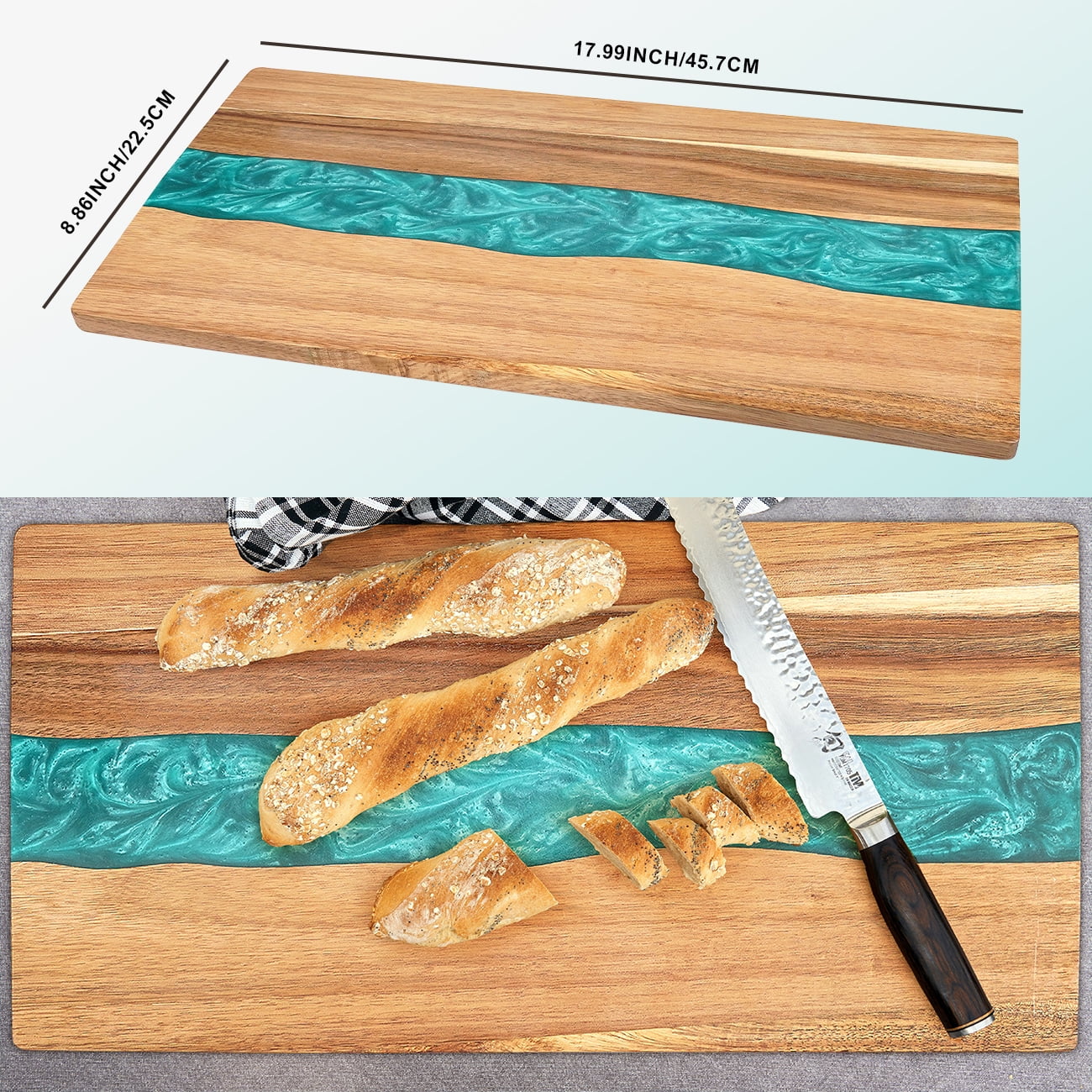 Acacia Wood Cutting Board, Resin Kitchen Chopping Board with Wave Pattern for Cheese, Meat, Vegetable, Serving Board, 13 x 9 Inch (Blue Wave)