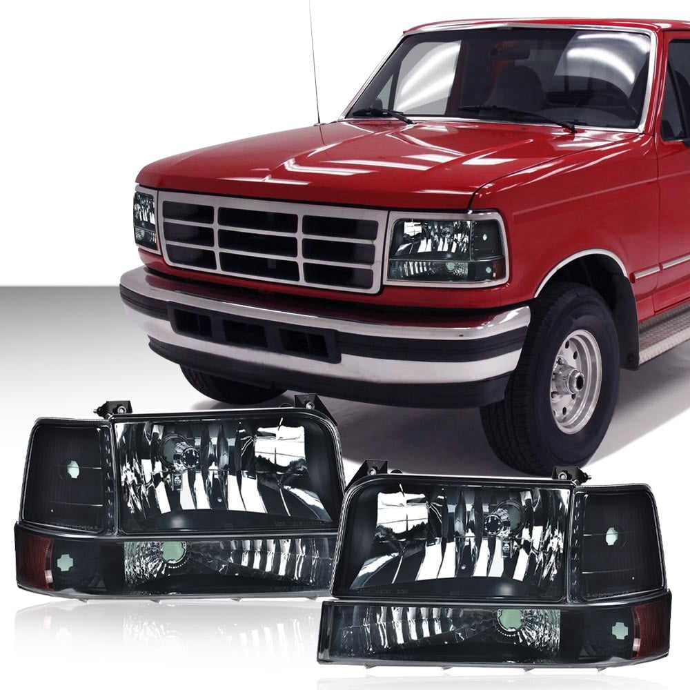 CROSSDESIGN Smoke Headlights w/Corner Signal Fit for Ford F150 F250 F350 Bronco 1992-1996