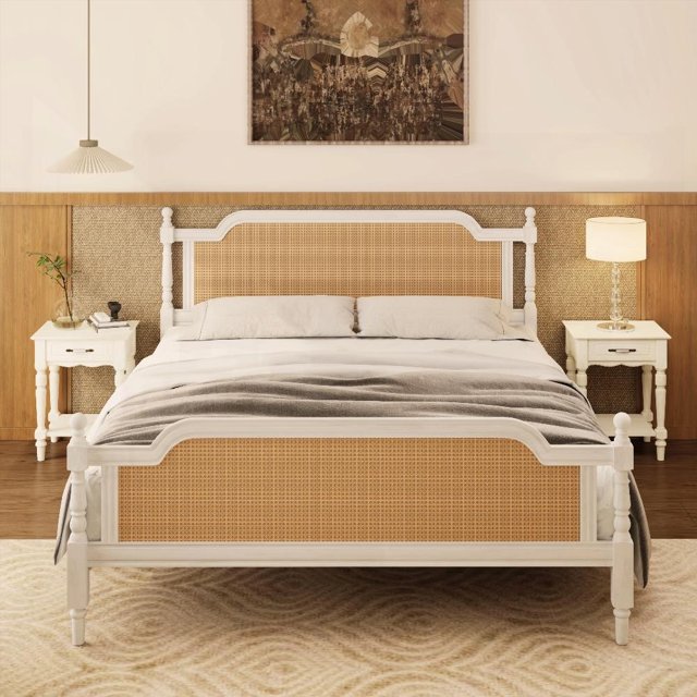 Natural Rattan & Solid Pine Bed Offering Rustic Retro Charm and Optimal Sleep