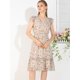 thumbnail image 4 of Vestido de volantes fruncidos con cuello en V y mangas con volantes florales para mujer Beige S, 4 of 6